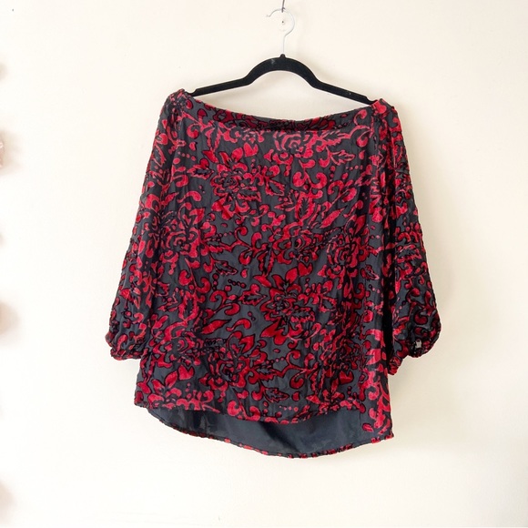 Chicos• red black velvet statement off the shoulder lace detail top - Picture 2 of 9